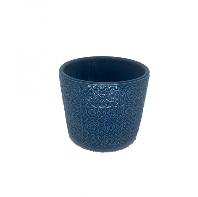 CACHEPOT AZUL ANTIGO COM FLORES 15X16