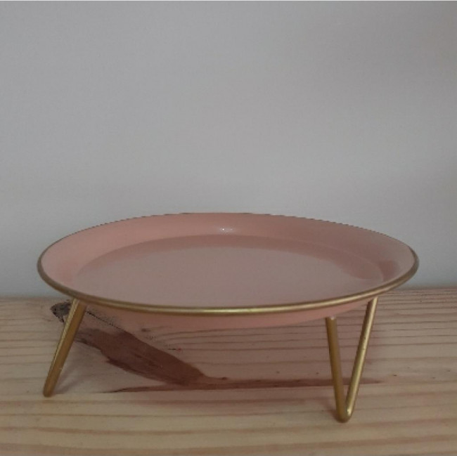 BANDEJA METAL ROSA BEBE COM PÉ DOURADO