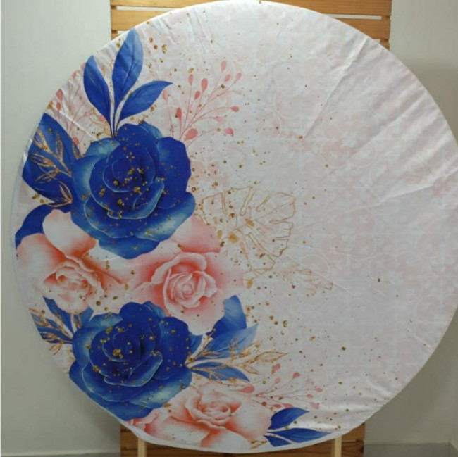 TECIDO PAINEL REDONDO ROSA COM FLORES AZUIS (1,50)