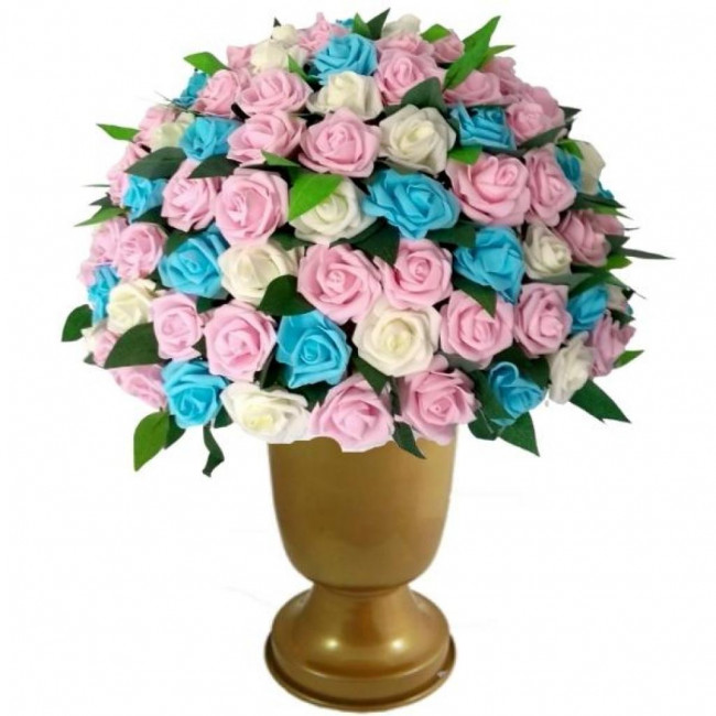 ARRANJO FLORAL GRANDE A 016 AZUL COM ROSA -VASO DOURADO