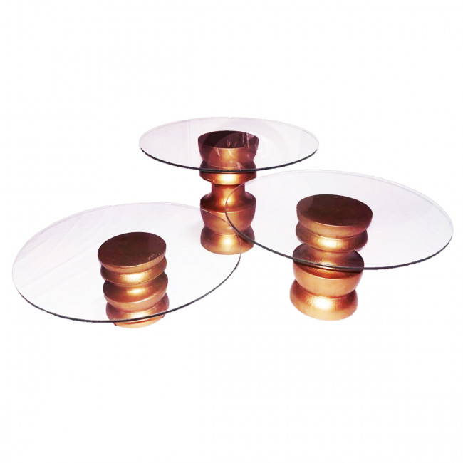 Bandeja Trio Vidro 30cm C/ Pedestal Rose Gold 10,15,20cm