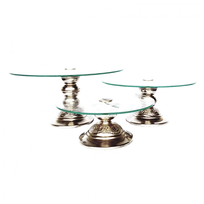 Bandeja Trio Vidro C/ Pedestal Prata 25,30,35cm