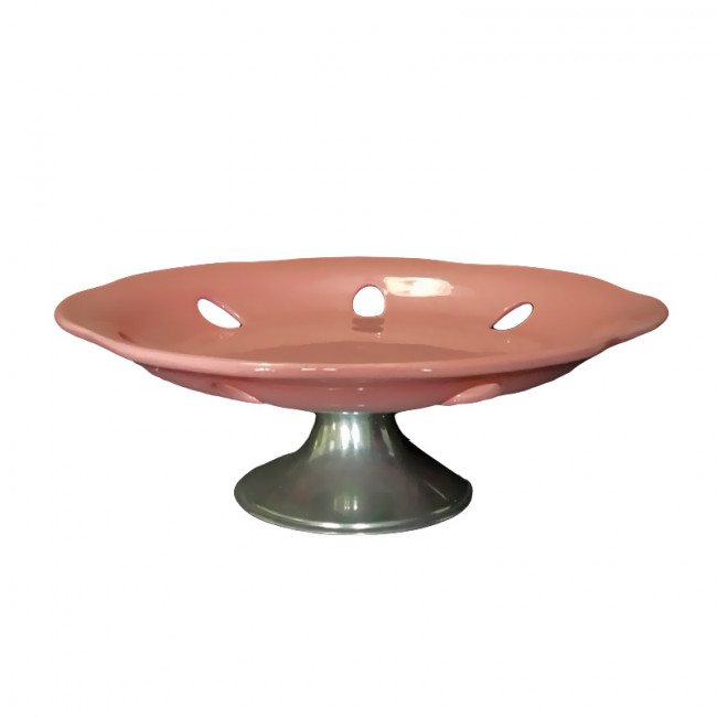 Bandeja Cerâm Rosa Pé Inox 33cm