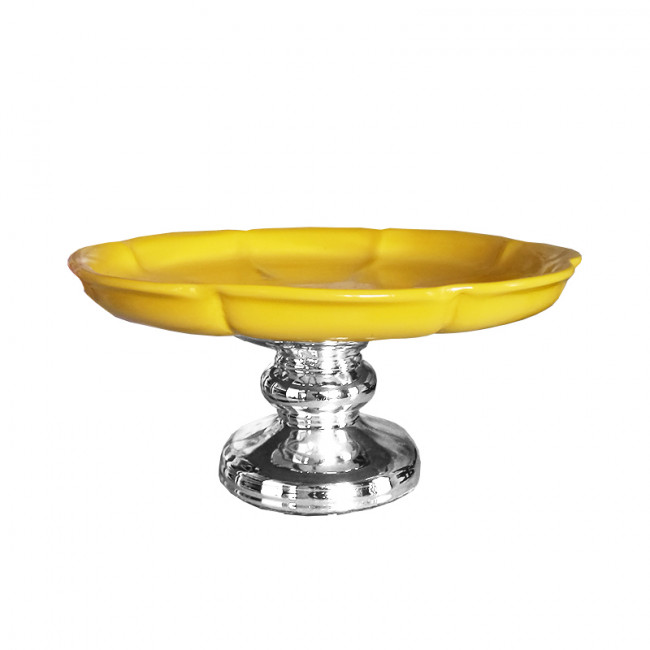 Bandeja Cerâm Amarela Base Cromada 37cm