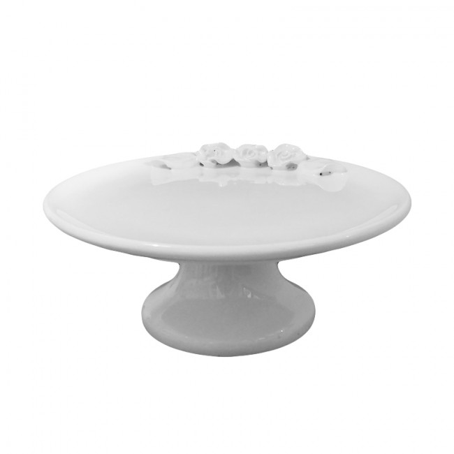 Bandeja Cerâm Branca Flor C/ Pé 29x12cm