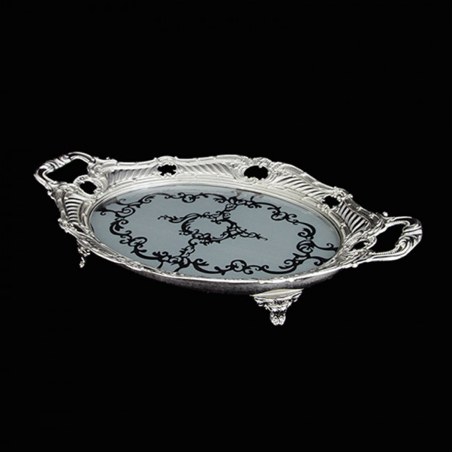 Bandeja Vidro Jateado Oval Base Prata 51x34cm
