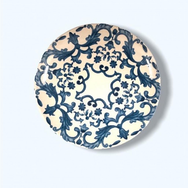 PRATO BAIXO REDONDO CERAMICA BRANCO ARABESCO AZUL P