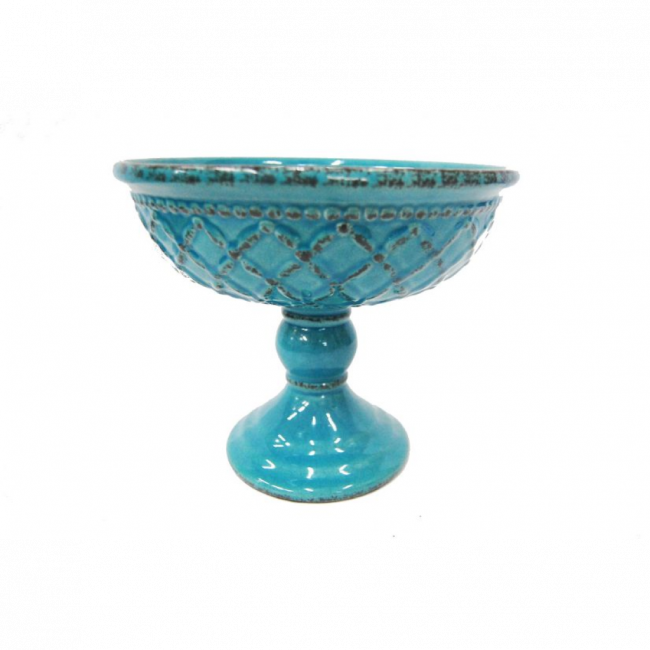 VASO TAÇA COM PE CERAMICA AZUL TIFFANY G