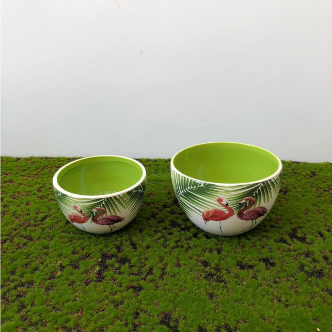 Conjunto Cachepô flamingo oval ceramica