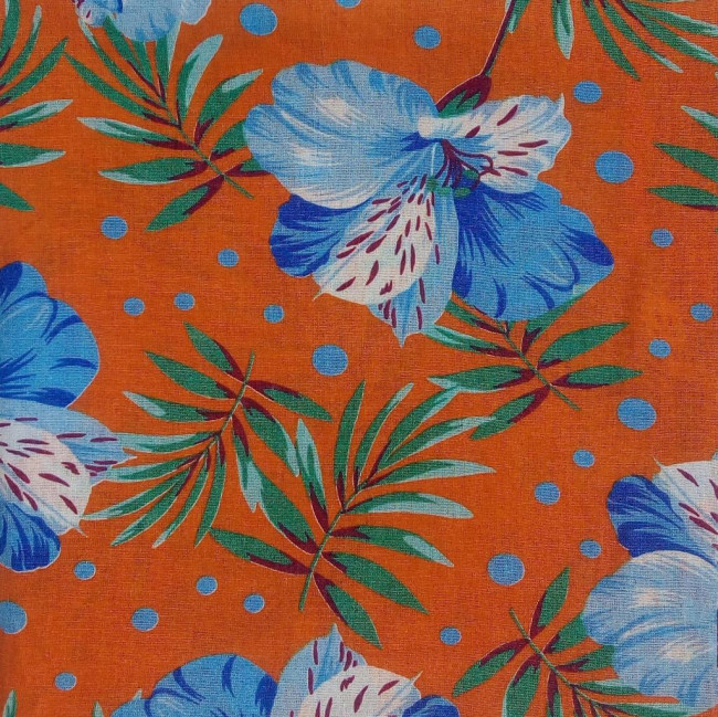 Xale chitão laranja com flor azul (1,40x1,40mts)