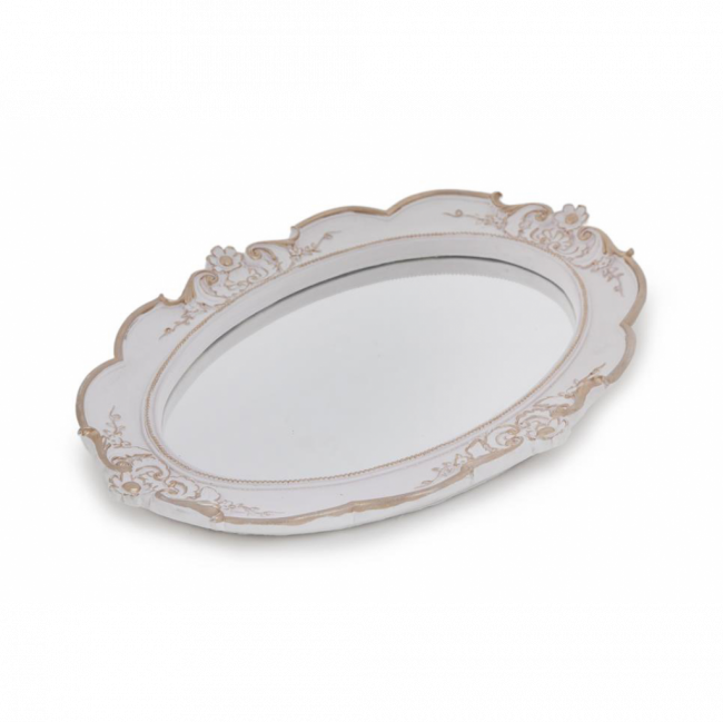 BANDEJA ART NOUVEAU OVAL C/ GRAVURA EM FLOR RESINA ROSA (C 42 CM | L 31 CM | A 3 CM)