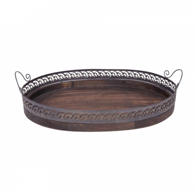 BANDEJA OVAL C/ ALÇAS MADEIRA E FERRO TAM M (C 56 CM | L 36 CM | A 8 CM)