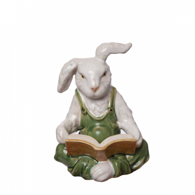 COELHO COM LIVRO PORCELANA VERDE (C 16 CM | L 10 CM | A 22 CM)