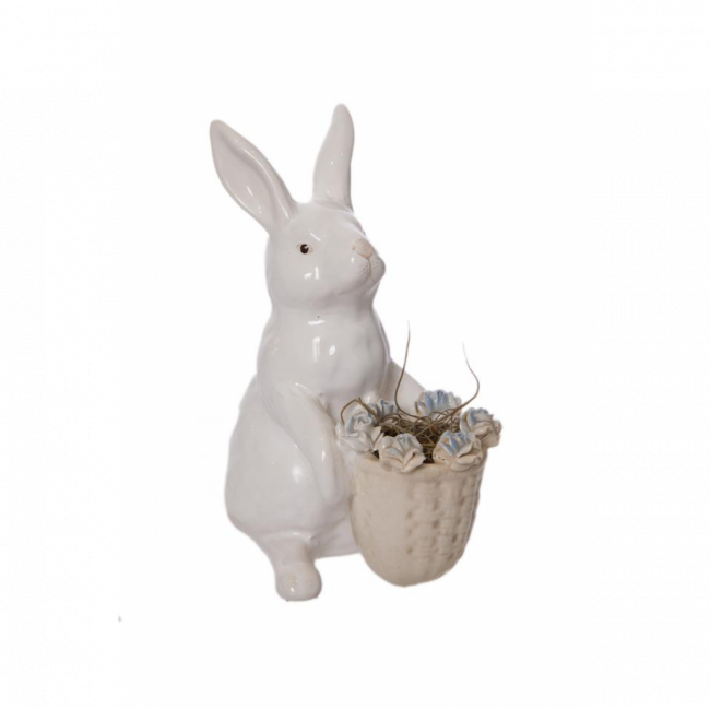 COELHO COM CESTA FLORES AZUIS PORCELANA BRANCO (D 12 CM | A 17 CM)