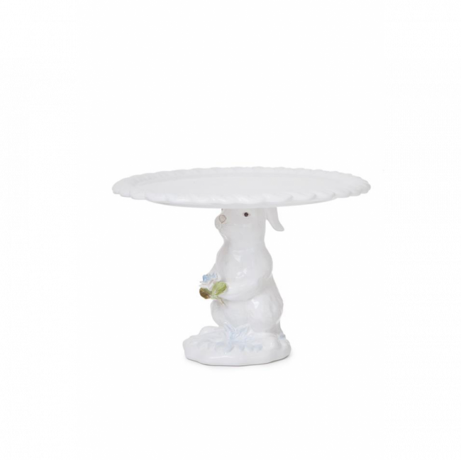 PORTA TORTA BORDA FOLHA PORCELANA BRANCO PÉ DE COELHO (D 28 CM | A 19 CM)