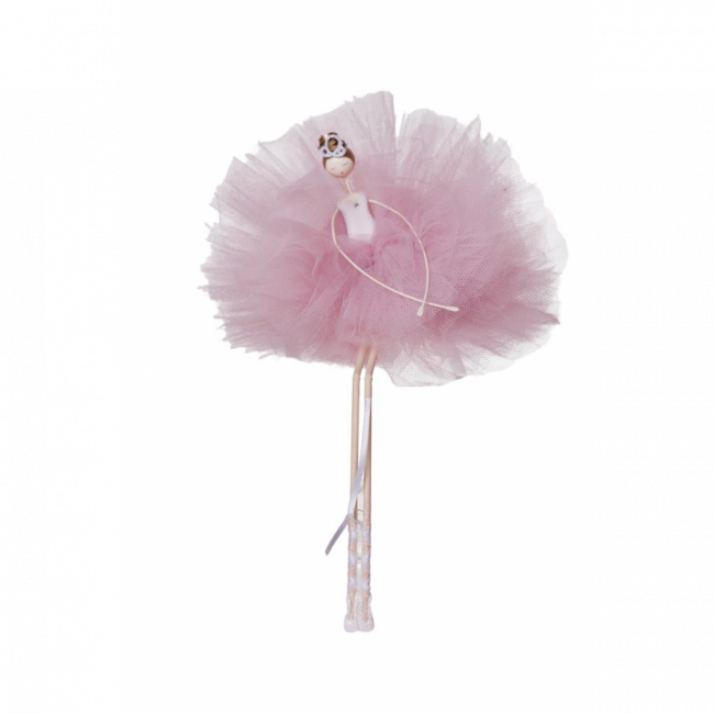 BAILARINA PALITO GRANDE CABELO CURTO MADEIRA E TULE ROSA (C 20 CM | L 17 CM | A 31 CM)