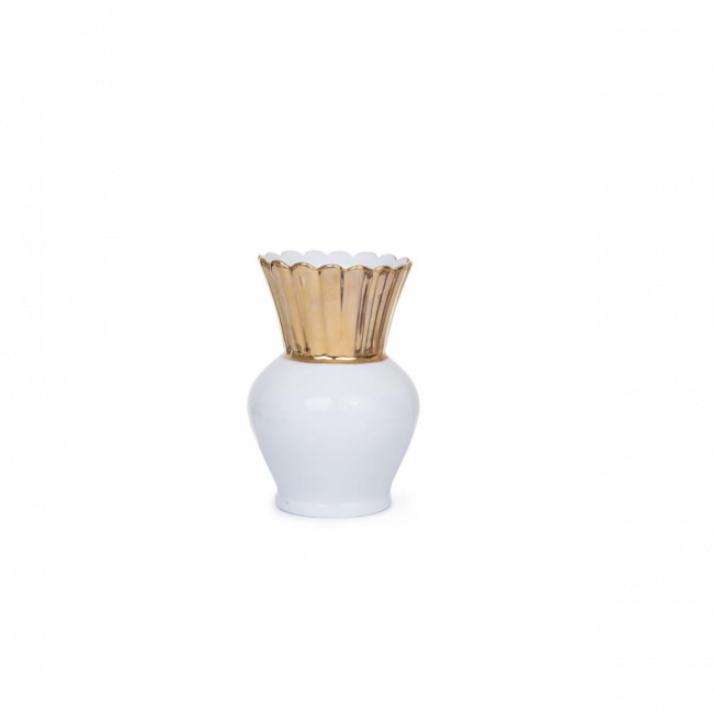 VASO ABACAXI PORCELANA BRANCO C/ COROA DOURADA BRANCO (D 8 CM | A 13 CM)