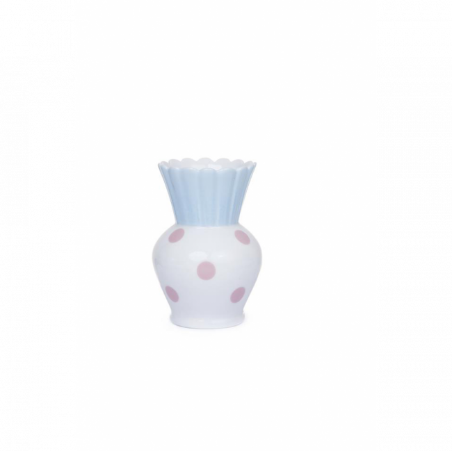 VASO ABACAXI PORCELANA BRANCO C/ POÁ ROSA E COROA AZUL (D 8 CM | A 13 CM)