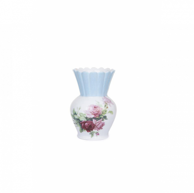 VASO ABACAXI PORCELANA BRANCO FLORAL C/ COROA AZUL (D 8 CM | A 13 CM)