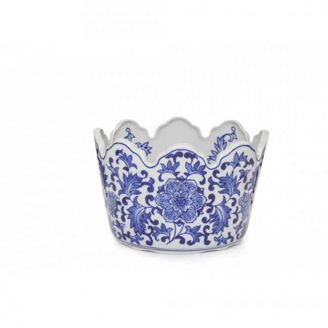 ROYAL BLUE COLLECTION FLOREIRA OVAL C/ FRISOS PORCELANA AZUL E BRANCO TAM P (C 15 CM | L 13 CM | A 10 CM)