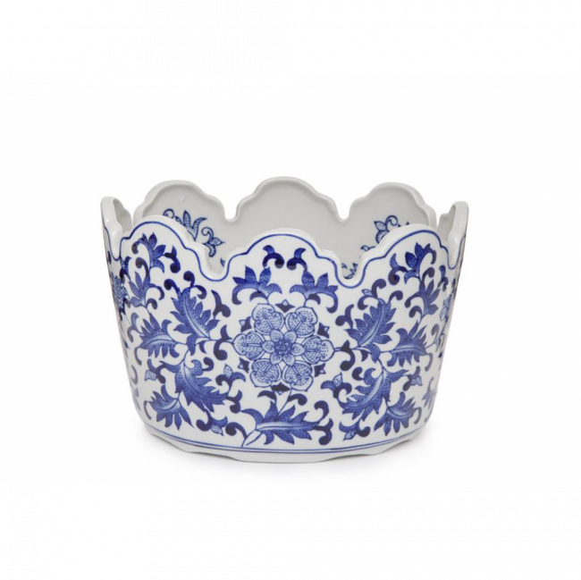 ROYAL BLUE COLLECTION FLOREIRA OVAL C/ FRISOS PORCELANA AZUL E BRANCO TAM M (C 20 CM | L 16 CM | A 13 CM)