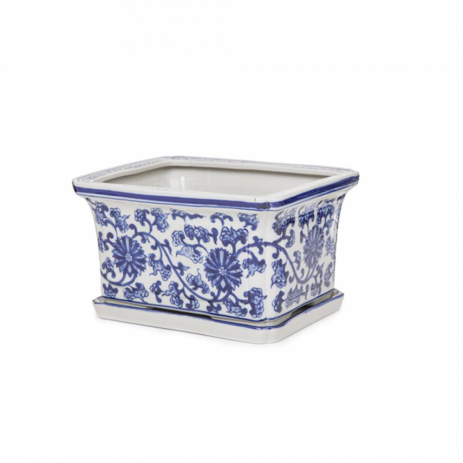 ROYAL BLUE COLLECTION VASO RETANGULAR OCTÓGONO PORCELANA AZUL E BRANCO (C 26 CM | L 20 CM | A 15 CM)