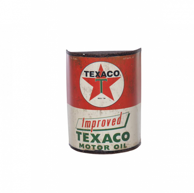 MEIA LATA IMPROVED TEXACO MOTOR OIL MELAMINA VERMELHA E BRANCA (D 11 CM | A 14 CM)