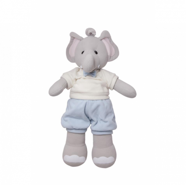 ELEFANTE MACHO PELÚCIA CAMISA BRANCA BERMUDA AZUL (C 23 CM | L 15 CM | A 48 CM)