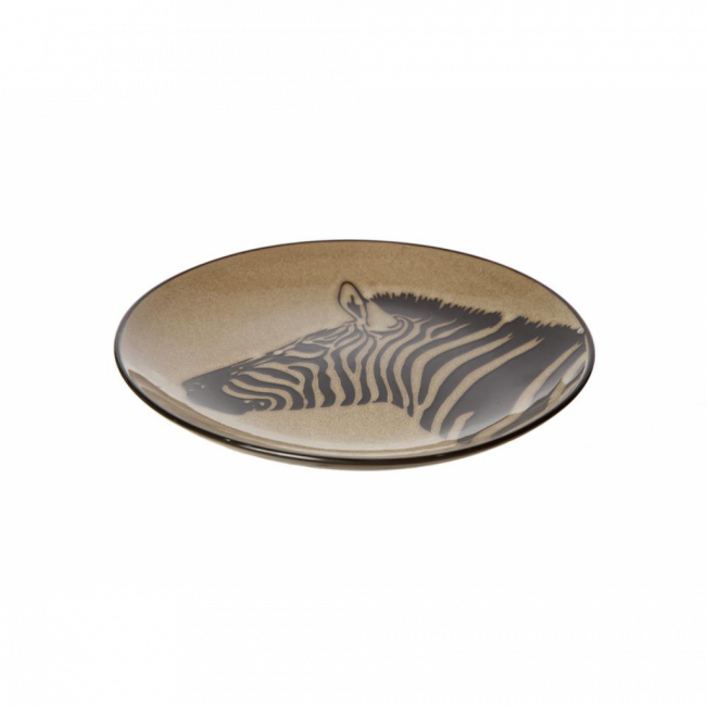 CONJUNTO AFRICANO PRATO DE SOBREMESA ZEBRA CERÂMICA BEGE E MARROM (D 21 CM | A 2 CM)