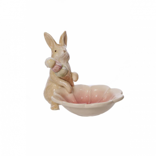 COELHO C/ BOWL FLOR E SORVETE PORCELANA BEGE E ROSA (C 21 CM | L 14 CM | A 16 CM)