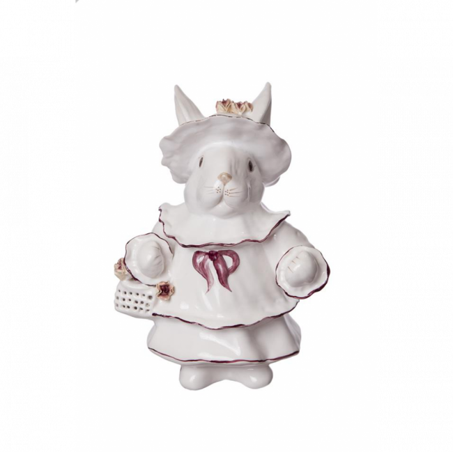 COELHA C/ CESTA DE ROSAS VAZADA PORCELANA BRANCA E VINHO (C 20 CM | L 15 CM | A 29 CM)