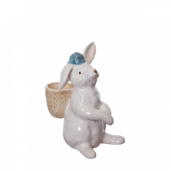 COELHO C/ CESTO NAS COSTAS E CHAPEU PORCELANA BRANCO E AZUL (C 12 CM | L 8 CM | A 16 CM)