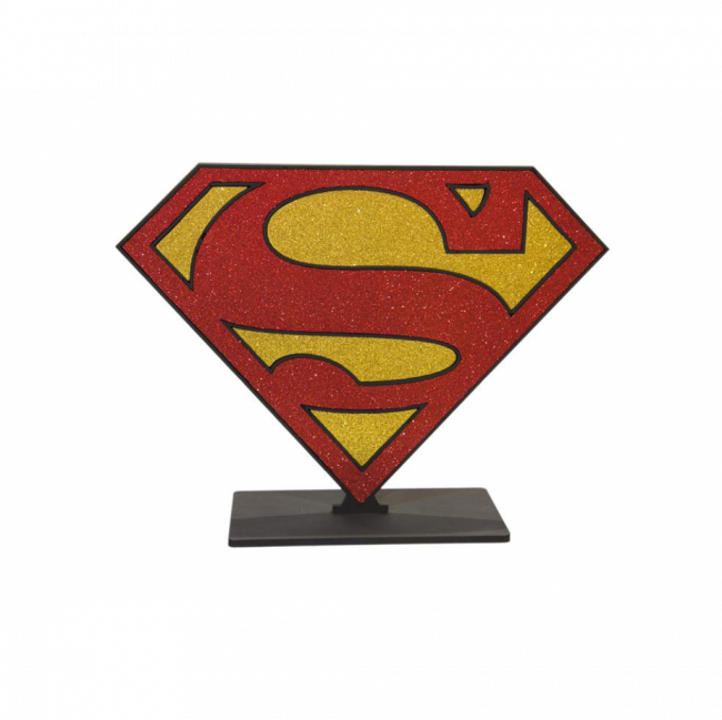 PLACA SUPER HOMEM - S MADEIRA C/ GLITTER AMARELA E VERMELHA (C 38 CM | L 12 CM | A 29 CM)