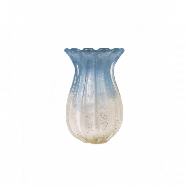 VASO MURANO C/ OURO AZUL BEBÊ E PÉROLA TAM M (D 13 CM | A 20 CM)