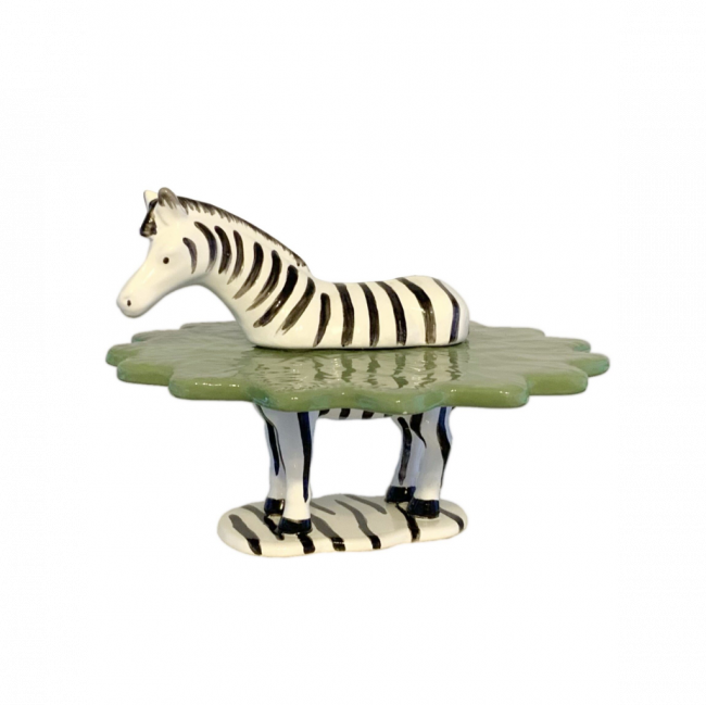 PORTA TORTA SAFARI ZEBRA CERÂMICA VERDE, BRANCO E PRETO (D 30 CM | A 22 CM)