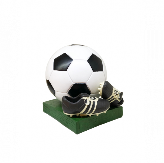 BOLA DE FUTEBOL C/ CHUTEIRAS COFRE RESINA BRANCO, PRETO E VERDE (C 14 CM | L 14 CM | A 15 CM)