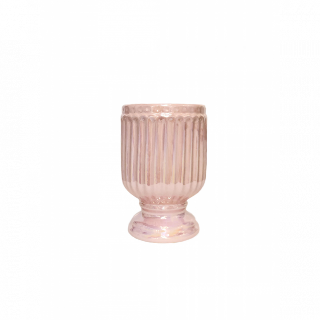 VASO CANELADO CERÂMICA ROSA PEROLADO TAM M (D 14 CM | A 21 CM)