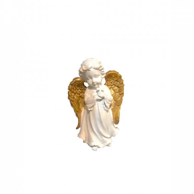 ANJO LUX EM PÉ SEGURANDO CRUCIFIXO RESINA BRANCO E DOURADO TAM P (C 9 CM | L 4 CM | A 14 CM)