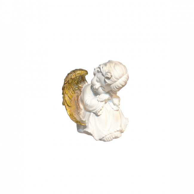 ANJO LUX SENTADO C/ CABEÇA À ESQUERDA RESINA BRANCO E DOURADO TAM P (C 11 CM | L 8 CM | A 12 CM)