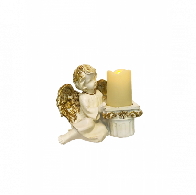 ANJO LUX DEITADO C/ VELA RESINA BRANCO E DOURADO (C 18 CM | L 13 CM | A 16 CM)