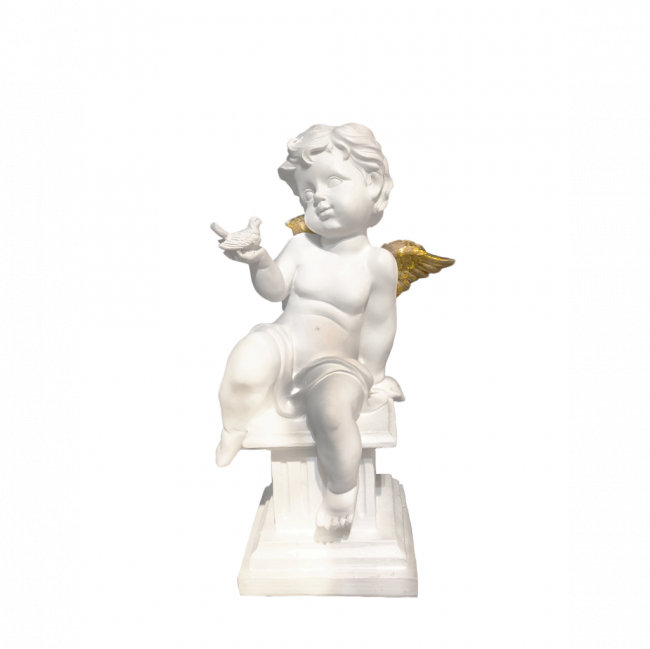 ANJO LUX C/ PÁSSARO EM 1 MÃO RESINA BRANCO E DOURADO (C 11 CM | L 11 CM | A 25 CM)