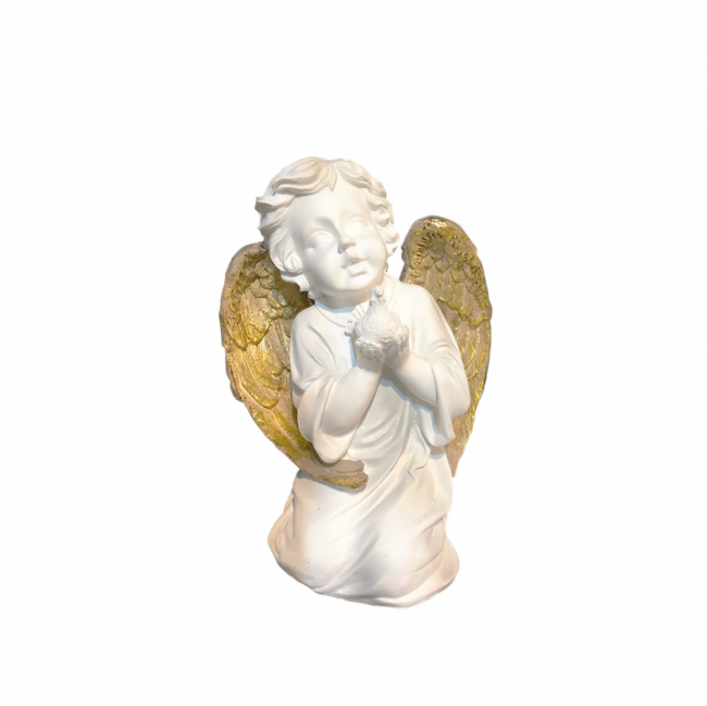 ANJO LUX AJOELHADO C/ PÁSSARO NAS MÃOS RESINA BRANCO E DOURADO (C 14 CM | L 10 CM | A 20 CM)