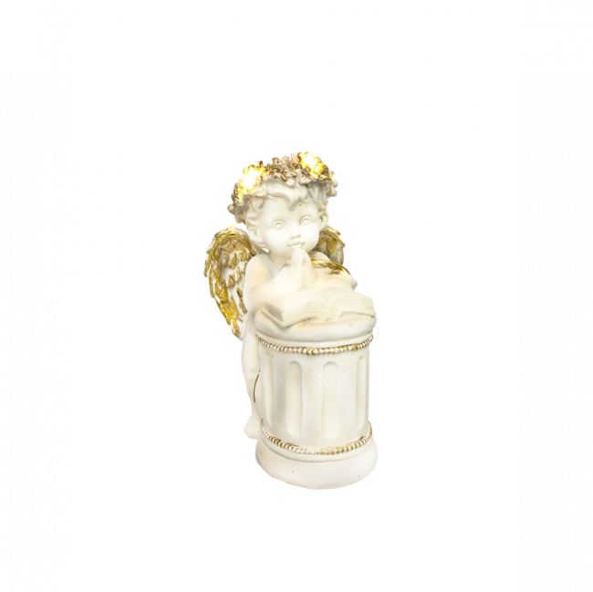 ANJO LUX DEBRUÇADO SOBRE PEDESTAL C/ LIVRO RESINA BRANCO E DOURADO (C 11 CM | L 14 CM | A 23 CM)