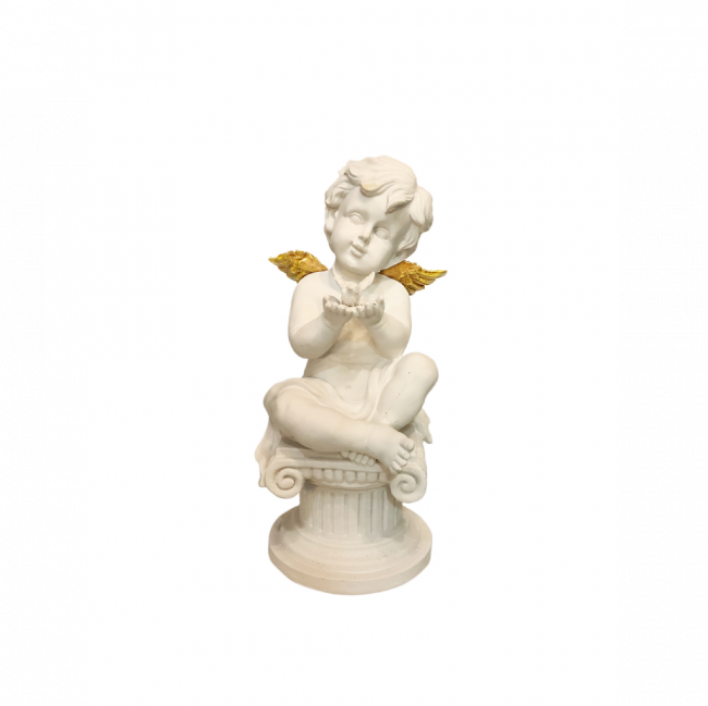 ANJO LUX C/ PÁSSARO NAS 2 MÃOS SENTADO SOBRE PEDESTAL RESINA BRANCO E DOURADO (C 13 CM | L 12 CM | A 25 CM)