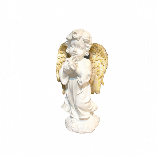 ANJO LUX C/ PÁSSARO NAS 2 MÃOS RESINA BRANCO E DOURADO TAM G (C 17 CM | L 12 CM | A 34 CM)