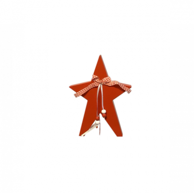 ESTRELA DE NATAL MADEIRA VERMELHA C/ LAÇO XADREZ (C 13 CM | L 3 CM | A 18 CM)