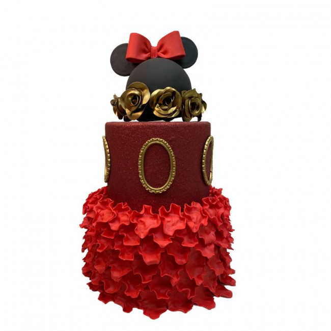 Bolo Fake Minnie Mouse Vermelho e Dourado