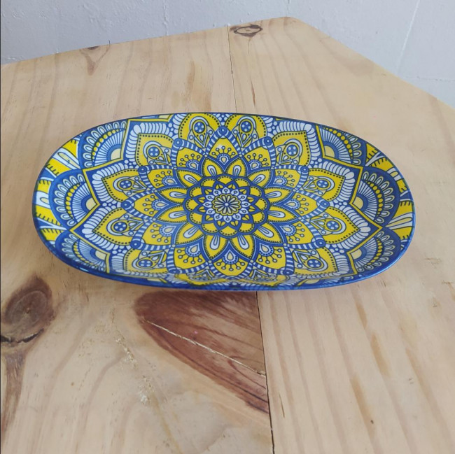 BANDEJA   AZUL COM AMARELO OVAL CERÂMICA