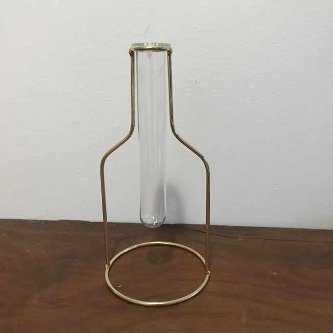 VASO TUBO DE VIDRO E METAL DOURADO P