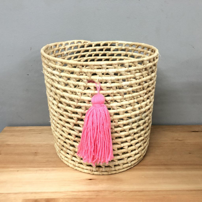 Cesto palha claro tassel rosa